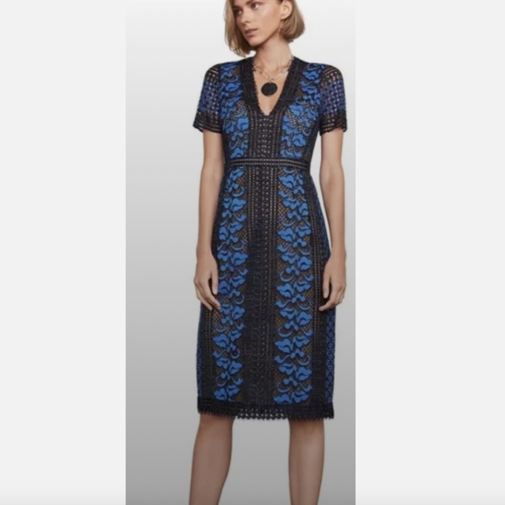 BCBG Max Azria - Black & Blue Lace Short Sleeve Midi Dress Sz 4 - Picture 2 of 7
